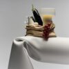 Fu Lamp glowing in a minimalist home setting, showcasing handcrafted porcelain base
