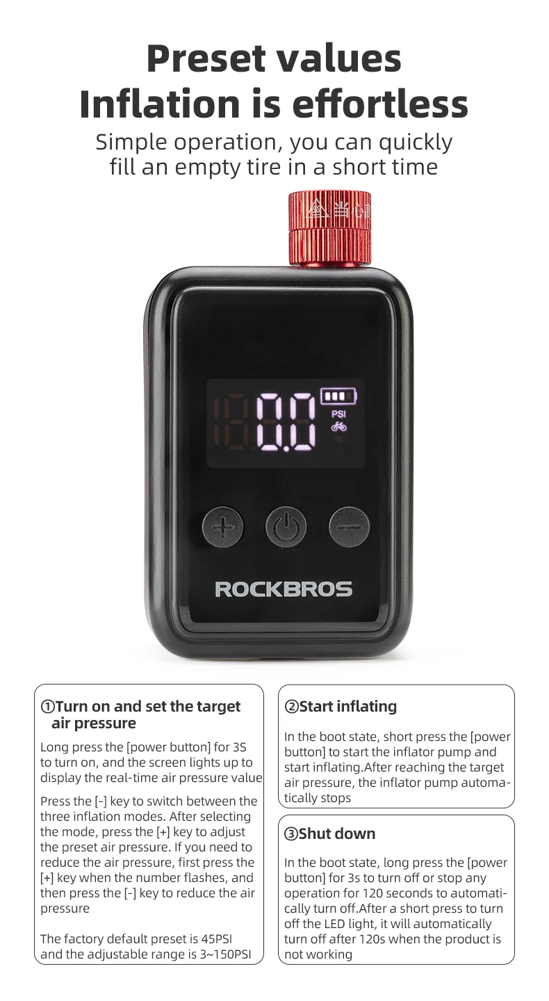 ROCKBROS 150 PSI Portable Pocket Bike Electric Air Pump - Image 20