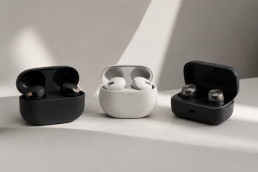 Premium wireless earbuds comparison featuring Sony, Bose, and Sennheiser-inspired earbuds in charging cases on a minimalist studio background.