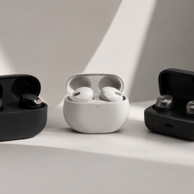 Premium wireless earbuds comparison featuring Sony, Bose, and Sennheiser-inspired earbuds in charging cases on a minimalist studio background.